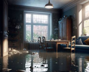 A flooded kitchen and dining area