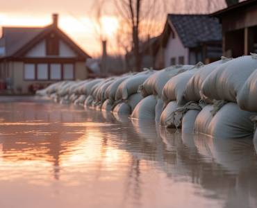 Flooded street with sandbags