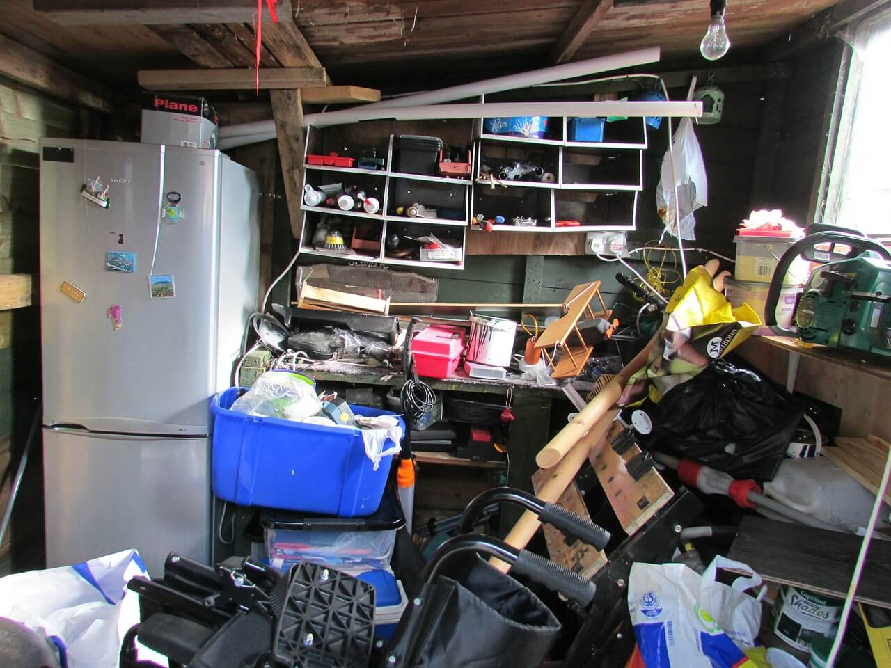 Belongings piled up in a shed 