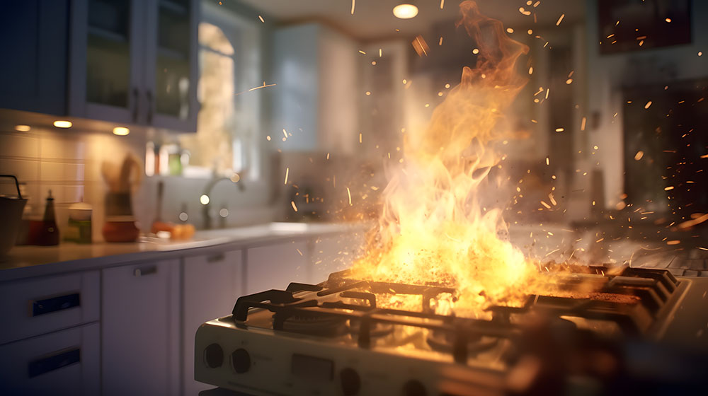 A fire on a stovetop in the kitchen