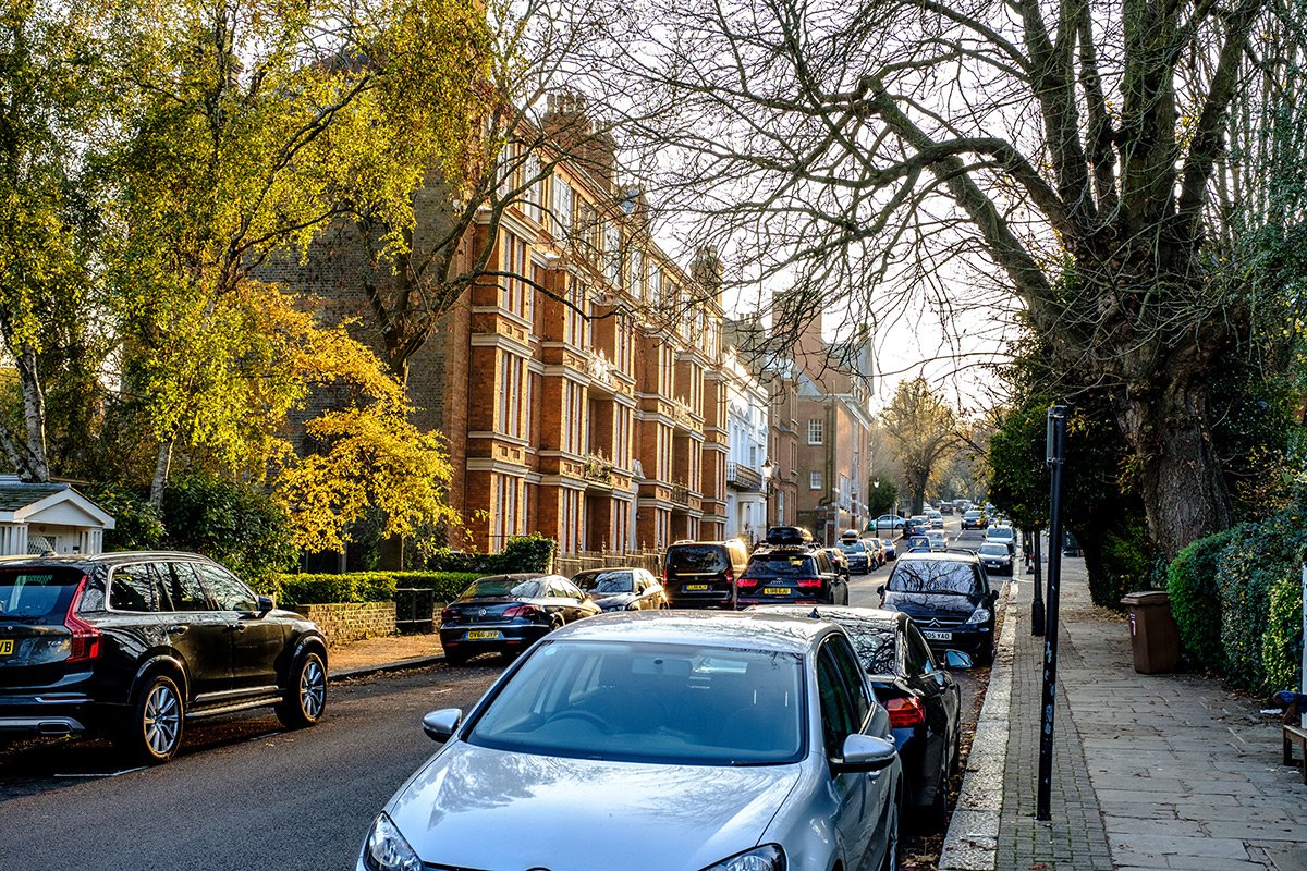 Cars parked along the side of London road