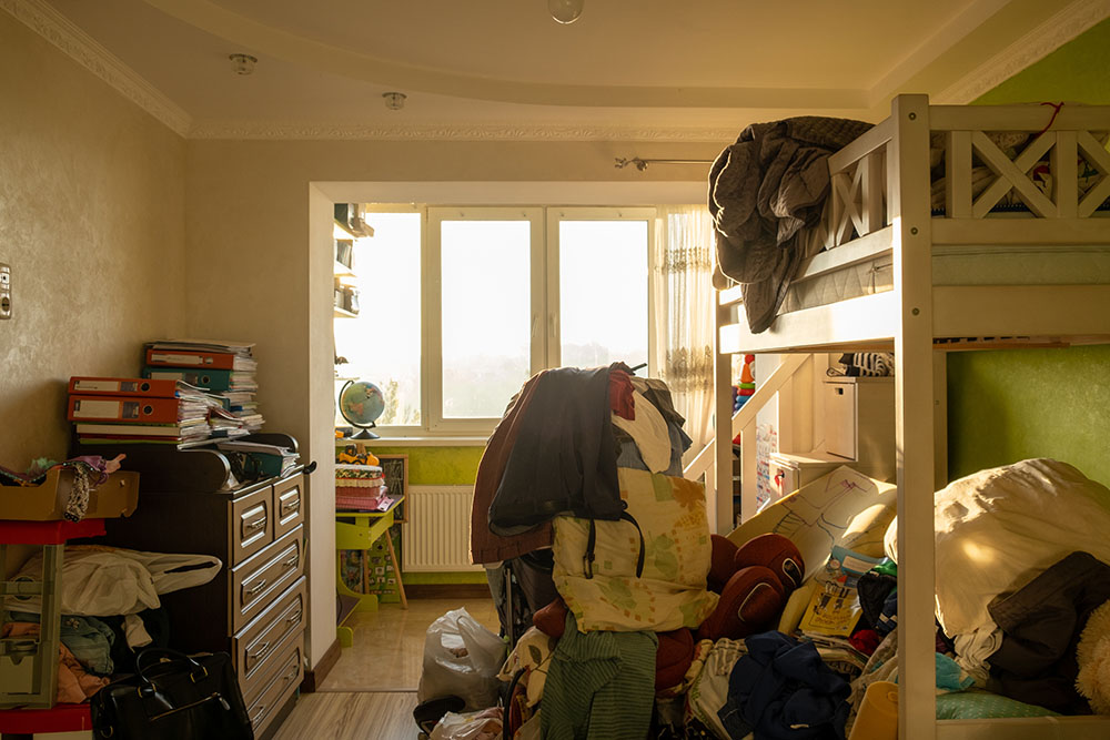 A messy child's bedroom