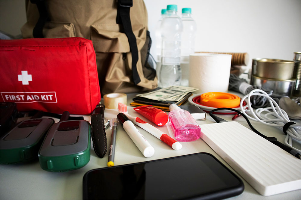 Emergency flood kit unpacked over surface