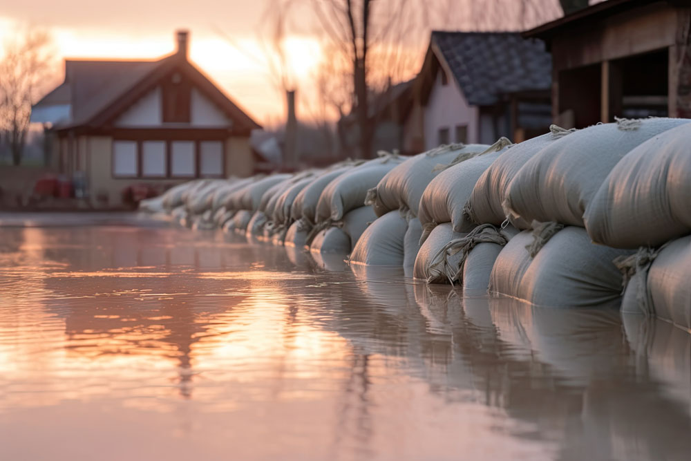 Flooded street with sandbags