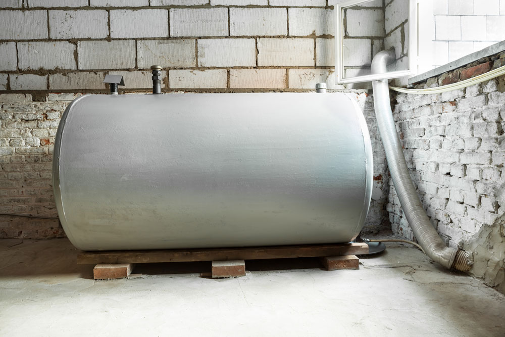 A heating oil tank in a basement