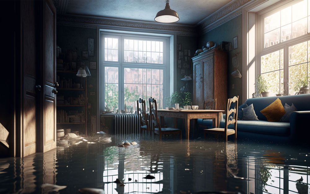 A flooded kitchen and dining area