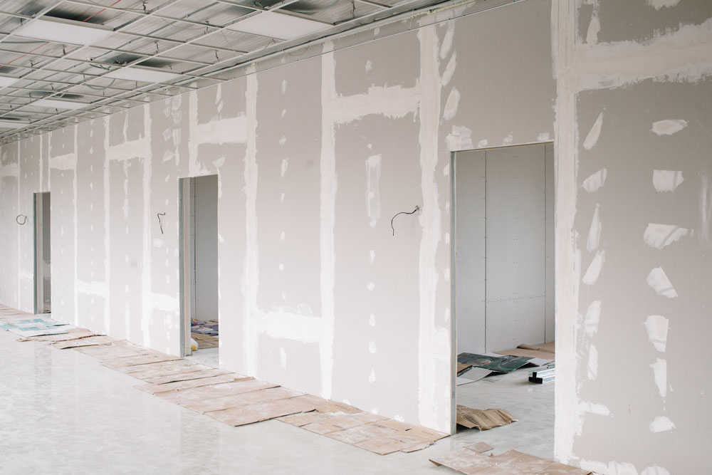 A plasterboard wall with doorways