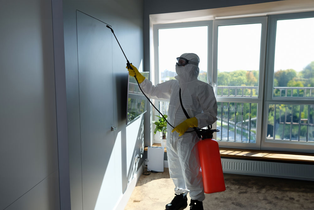 A specialist cleaner decontaminating a room
