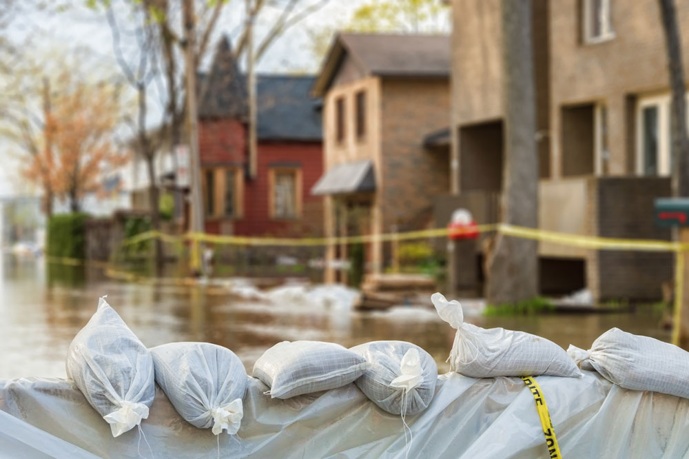 Sandbags in a flooded residential area